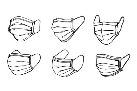 A hand-drawn set of medical masks isolated on a white background in a Doodle style. Respiratory protectionのイラスト素材
