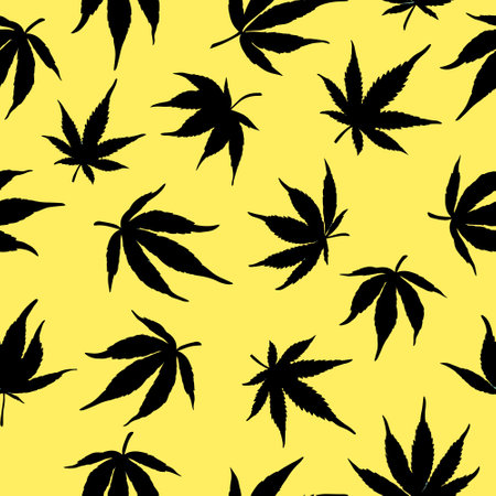 Seamless pattern of black cannabis leaves on a yellow background.Black hemp leaves on a yellow background.vector illustrationのイラスト素材