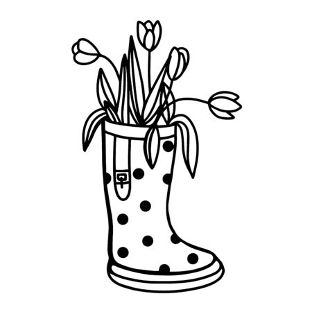  Flowers in rubber boots. Rubber boot with flowers. Vector illustration of spring flowers in a garden Shoe. Doodle style. のイラスト素材