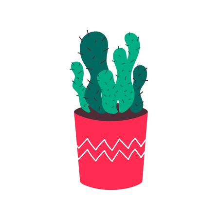 Cactus grows in a pot. Decorative indoor plant with green leaves in a pot. Prickly cartoon cactus isolated on a white background. Home garden. Flat vector illustration. Vector illustrationのイラスト素材