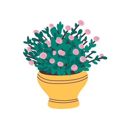  A beautiful pink rose grows in a pot. Indoor plant with green leaves in a yellow pot.Potted plant rose isolated on a white background.Flat vector illustration. Vector illustrationのイラスト素材