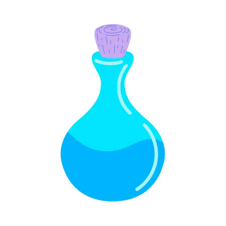 A glass bottle with a magic potion. A magic potion.antidote. Elixir. Flat vector illustration. Design for Halloween, invitation cards, greeting cards, printing. Cute little bottle of witch potion.のイラスト素材