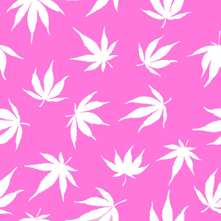 Seamless pattern of white cannabis on a pink background.White hemp leaves on a pink background. Marijuana patterの写真素材