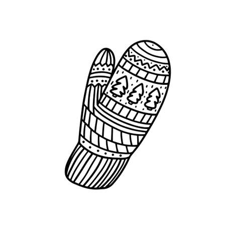 Knitted mittens with Christmas pattern of Christmas trees and snowflakes. Scandinavian style.Vector illustration in Doodle style. Autumn and winter clothing. Warm mittens for protection from the coldのイラスト素材