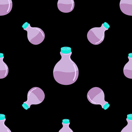 Seamless potion pattern on a black background. Magic potion. illustration in a flat style.The concept of Halloweenのイラスト素材