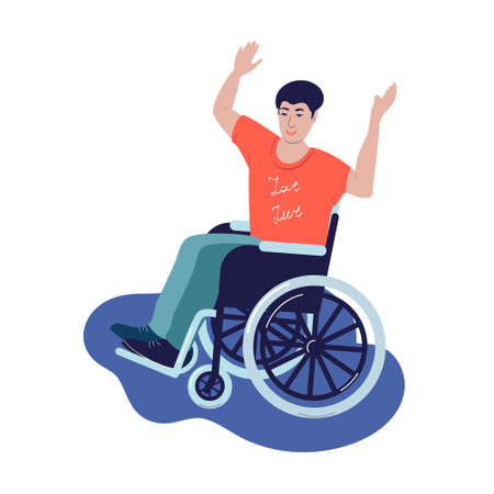 .Disabled person in a wheelchair. Young disabled guy puts his hands upのイラスト素材