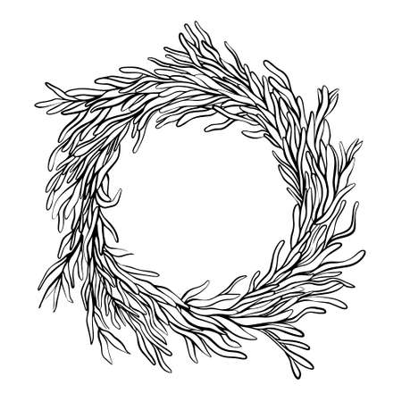 Decorative Botanical wreath in ink style, round frameのイラスト素材