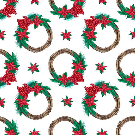 Christmas watercolor wreath seamless pattern. Hand-drawn illustration. Design for textile printing, wrapping paperの写真素材