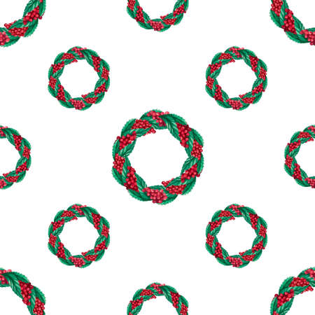 Christmas watercolor wreath seamless pattern. Hand-drawn illustration. Design for textile printing, wrapping paperの写真素材