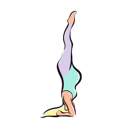 Pregnant girl stands on her head doing yoga. Hand-drawn vector illustrationのイラスト素材