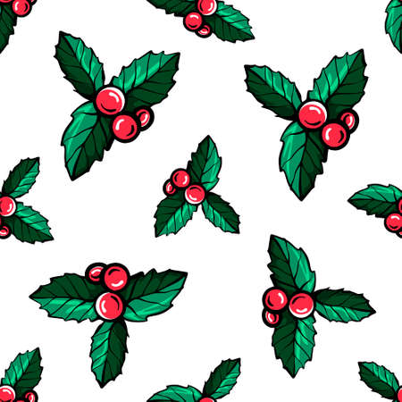 Christmas red berries seamless pattern. Holly berries of Holly. Christmas pattern. Hand-drawn vector illustrationのイラスト素材