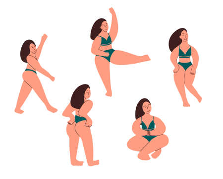 Model plus size in underwear. A girl with curvy forms is engaged in fitness. Body positive. Hand drawn vector illustrationのイラスト素材