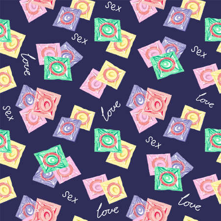 Latex condoms in a Seamless pattern package. The concept of safe sex.Prevention of AIDS, HIV and sexually transmitted diseases.Vector illustrationのイラスト素材