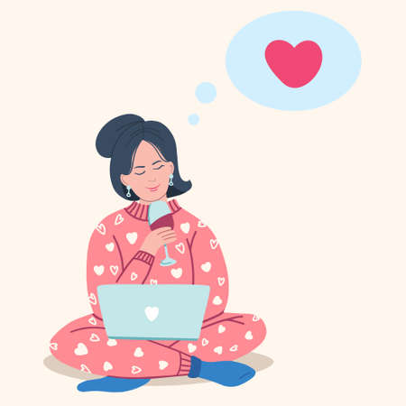 A girl in quarantine celebrates the feast of Saint Valentine alone . A girl in pajamas drinks red wine and uses a laptop for remote communication. vector illustrationsのイラスト素材