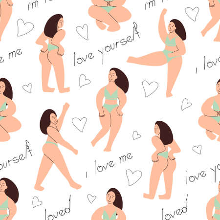 Bodypositive girls seamless pattern. A curvy model shows off her body. Vector illustrationのイラスト素材
