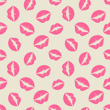 .Bright pink lips seamless pattern. Valentines day, Pink lips, kisses on a yellow background. Vector illustrationのイラスト素材