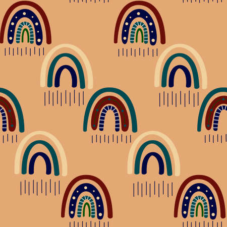 Boho rainbow seamless pattern. Rainbow Bohemian in trendy warm Golden, brown, yellow tones. Modern vector illustration for textile, paper, print designのイラスト素材