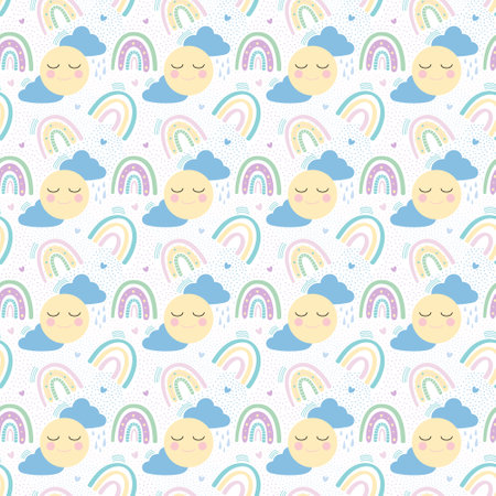 Rainbow with clouds, sun and hearts seamless pattern. Delicate childrens pattern. Design for textiles, paper, printing. Vectorのイラスト素材
