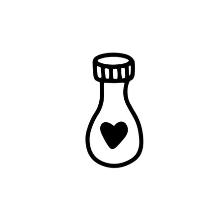 a glass bottle with a magic love potion. A magic potion. The elixir.vector illustration in doodle style. Design for Valentines Day, Halloweenのイラスト素材