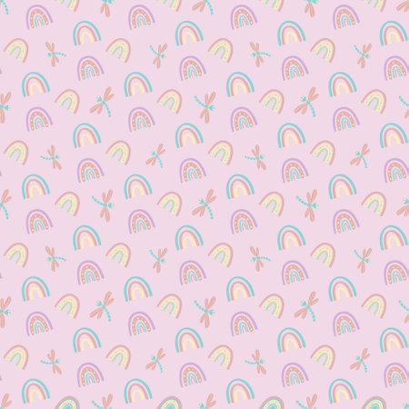Cute rainbow and dragonfly seamless pattern. Scandinavian pattern in muted pastel colors. Hand-drawn vector illustration. Design for textiles, packaging, wrappersのイラスト素材