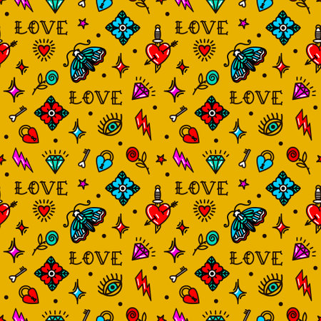 Valentines Day in old school style patternのイラスト素材