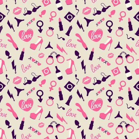 .Adult toys seamless pattern. Vector flat illustration. Valentines day design, wrappers, textiles, printingのイラスト素材