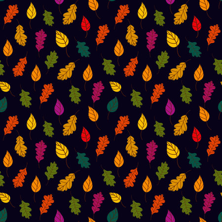Fallen leaves pattern. Bothnian autumn pattern with fallen leaves of trees on a black background. autumn background. Vector illustration in flat style for wrapping paper, textile printing, blogsのイラスト素材