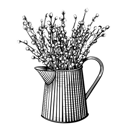 A bouquet of willow in a beautiful vase. Hand-drawn vector illustration. Design for Easter, postcards, printingのイラスト素材