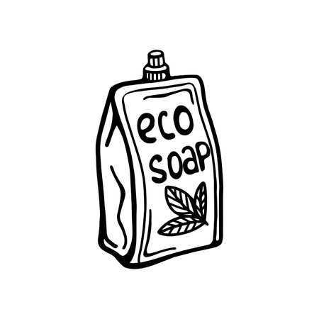hand-drawn packaging with liquid soap, isolated on a white background. Vector illustration in the Doodle style.のイラスト素材