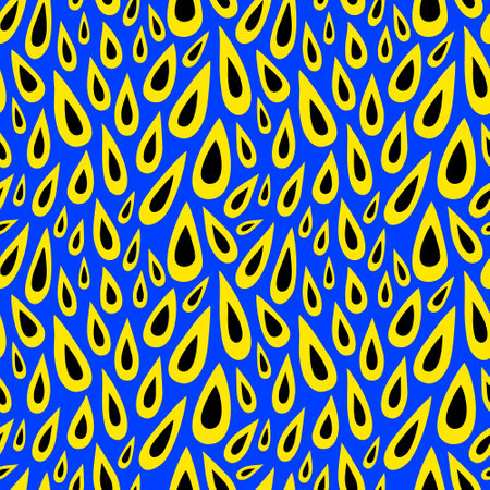 Seamless pattern with yellow-black drops on a blue background. Abstract pattern with drops of various shapes.のイラスト素材