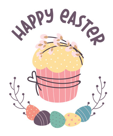 Happy Easter greeting card. Easter cake, painted eggs, willow twigs. flat vector illustrationのイラスト素材