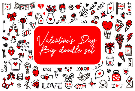 Valentines day love doodles. Vector illustration in doodle style. Design for Valentines Day,weddingのイラスト素材