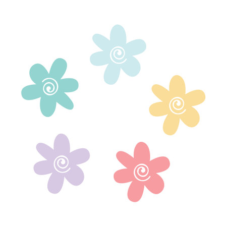 Cute spring flowers in pastel colors. Wildflowers of various colors. Vector flat illustration.のイラスト素材