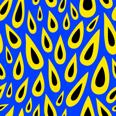Seamless pattern with yellow-black drops on a blue background. Abstract pattern with drops of various shapes. Vector flat illustrationのイラスト素材