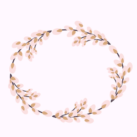 Willow wreath. Oval frame made of willow twigs. Easter wreath made of willow stalks.Vector flat illustration. Design for invitations, postcards, printing.のイラスト素材