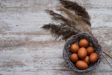 Easter eggs on a gray wooden table. Easter mockup with eggs and plant branches