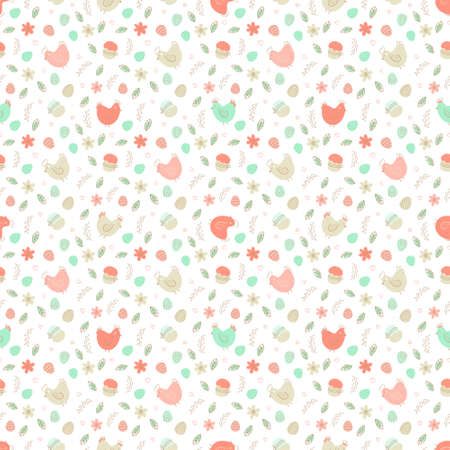 Chicken and eggs easter seamless pattern. Cute cartoon vector flat illustration. Design for Easter, packaging paper, textiles.のイラスト素材