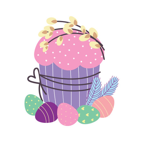 Easter cake, Easter eggs and a sprig of willow