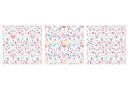 Cute set of Easter patterns. Easter patterns with rabbits, Easter eggs, Easter cakes, etc. Perfect for textiles, banners, candy wrappers, wallpaper. Vector illustrationのイラスト素材