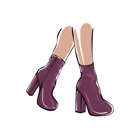 Womens feet in high-heeled boots. Fashion illustration. Womens legs. Stylish womens shoes Sketch.のイラスト素材