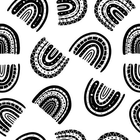 Rainbow black and white pattern. Black rainbow pattern. Hand-drawn vector illustration in a minimalistic Scandinavian styleのイラスト素材