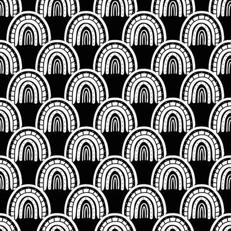 Rainbow black and white pattern. White rainbow pattern. Hand-drawn vector illustration in a minimalistic Scandinavian styleのイラスト素材