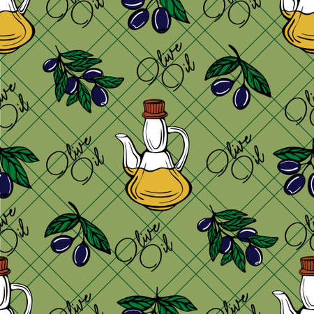 Olive oil seamless pattern. Olive branch pattern. Hand-drawn vector illustrationのイラスト素材