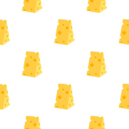 Cheese seamless pattern. Pieces of yellow cheese, isolated on a white background. Pieces of cheese of various shapes. Vector flat illustrationのイラスト素材