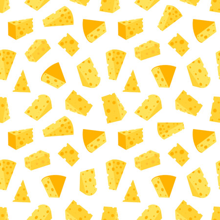 Cheese seamless pattern. Pieces of yellow cheese, isolated on a white background. Pieces of cheese of various shapes. Vector flat illustrationのイラスト素材