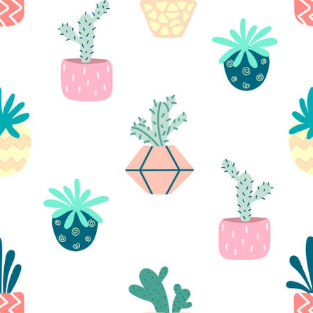 Home potted plants seamless pattern. Indoor flowers. Pattern in earthy and natural colors in boho styleのイラスト素材