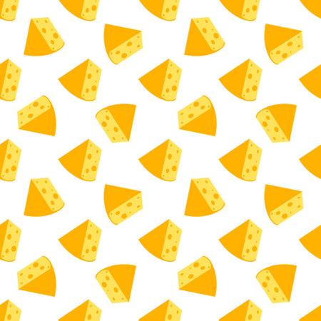 Cheese seamless pattern. Pieces of yellow cheese, isolated on a white background. Pieces of cheese of various shapes. Vector flat illustrationのイラスト素材