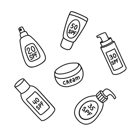 Vector illustration of bottles and jar of assorted sunblock products and cream for skin care procedureのイラスト素材