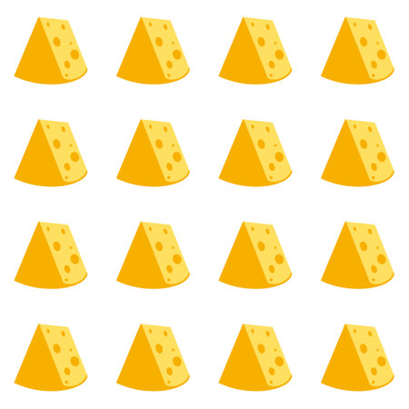 Cheese seamless pattern. Pieces of yellow cheese, isolated on a white background. Pieces of cheese of various shapes. Vector flat illustrationのイラスト素材