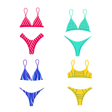 A collection of fashionable swimsuits. Beachwear. Two-piece swimsuits, bikinis. Vector Flat Illustrationのイラスト素材
